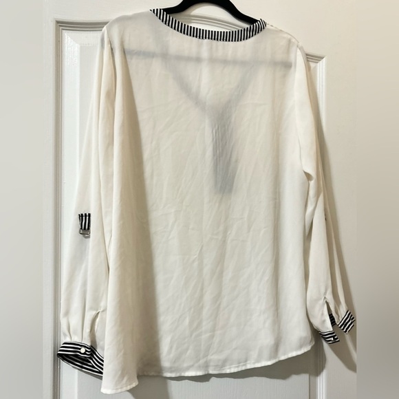 NY Collection Women's White Blouse with Black Stripes and Zipper - Picture 2 of 3